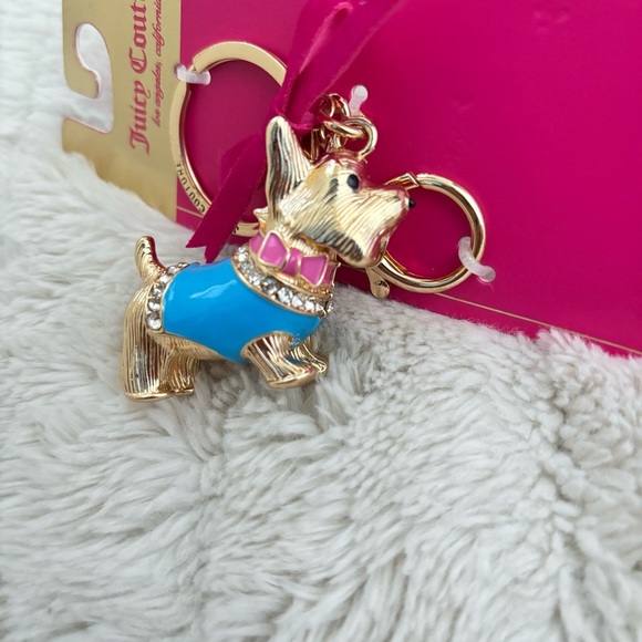 Juicy Couture Blue Pink and Gold Scottish Terrier Dog Keychain Bow Rhinestones - Picture 6 of 7